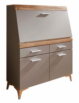 Moderner Sekretär aus Holz und Metall in seitlicher Perspektive mit Klappfach und Schubladen.