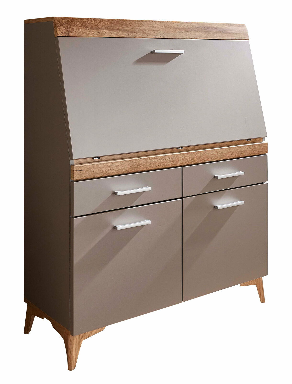 Z2 Sekretär SECRET Moderner Sekretär aus Holz und Metall in seitlicher Perspektive mit Klappfach und Schubladen.