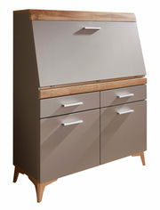 Moderner Sekretär aus Holz und Metall in seitlicher Perspektive mit Klappfach und Schubladen.