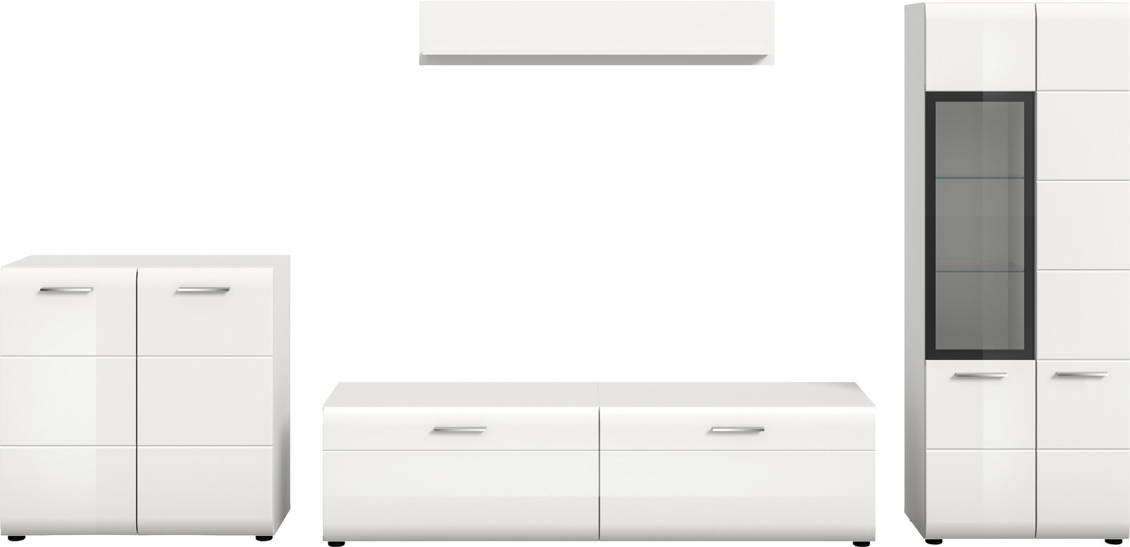 Modernes weißes Wohnzimmerschrank-Set mit Lowboard, Sideboard, Hängeregal und Vitrine mit Glastür, frontal in leichter Perspektive von vorn auf weißem Hintergrund