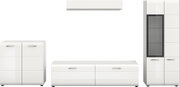 Modernes weißes Wohnzimmerschrank-Set mit Lowboard, Sideboard, Hängeregal und Vitrine mit Glastür, frontal in leichter Perspektive von vorn auf weißem Hintergrund