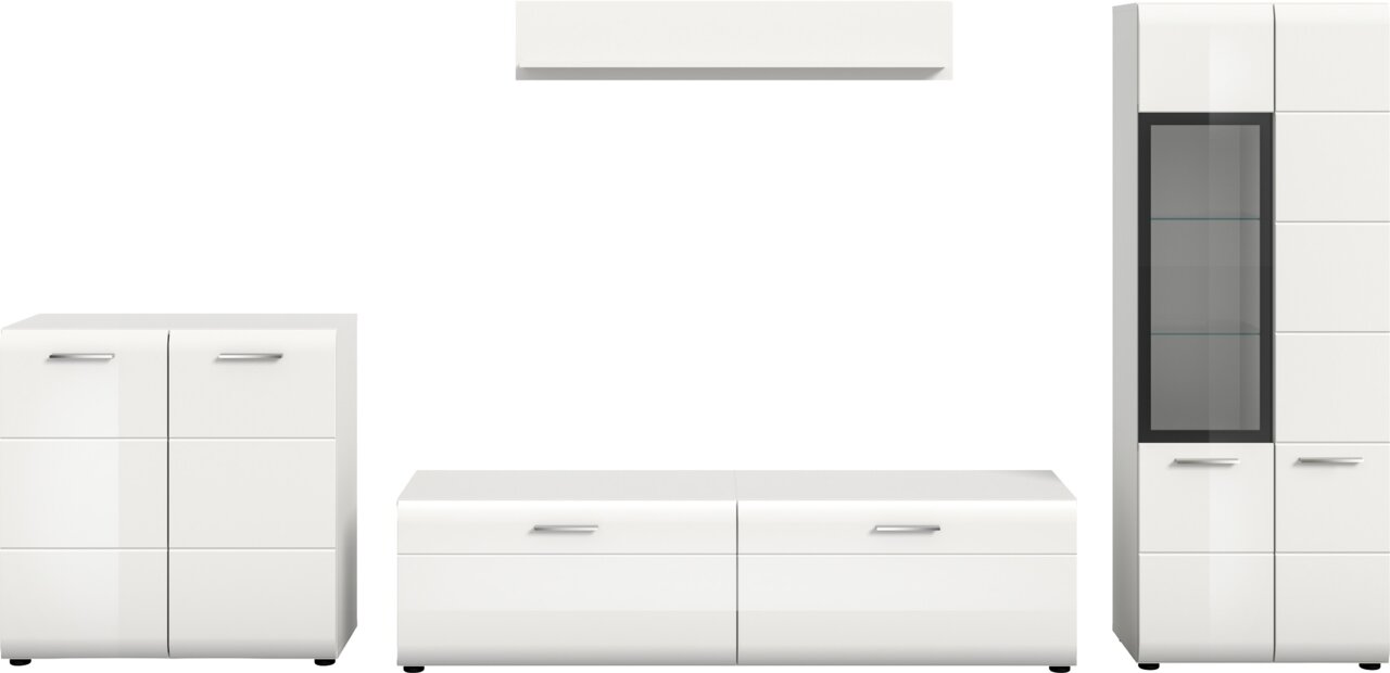 Modernes weißes Wohnzimmerschrank-Set mit Lowboard, Sideboard, Hängeregal und Vitrine mit Glastür, frontal in leichter Perspektive von vorn auf weißem Hintergrund