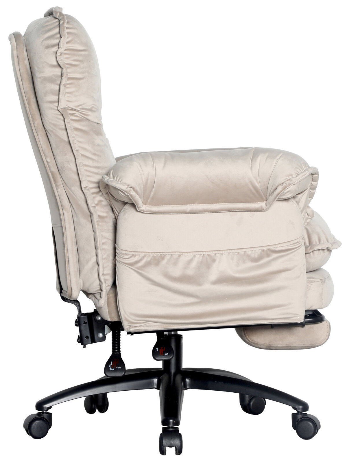 Beiger Chefsessel aus seitlicher Perspektive mit gepolstertem Sitz und Rückenlehne, auf Rollen.