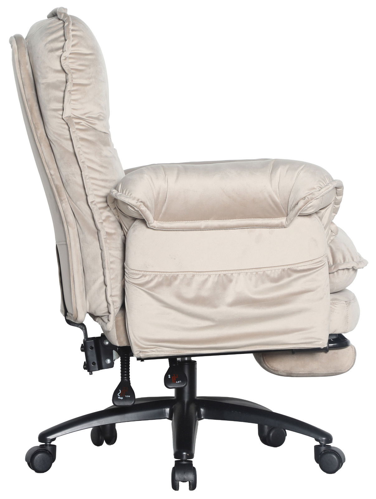 Beiger Chefsessel aus seitlicher Perspektive mit gepolstertem Sitz und Rückenlehne, auf Rollen.