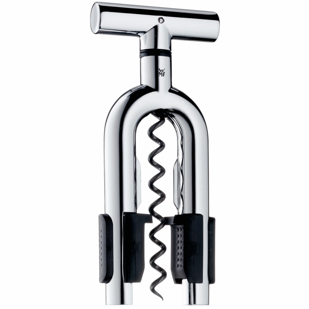 WMF Prosecco-/Weinkorkenzieher Moderner Korkenzieher VINO aus Edelstahl, frontal abgebildet mit ergonomischem Griff und spiralförmigem Design.