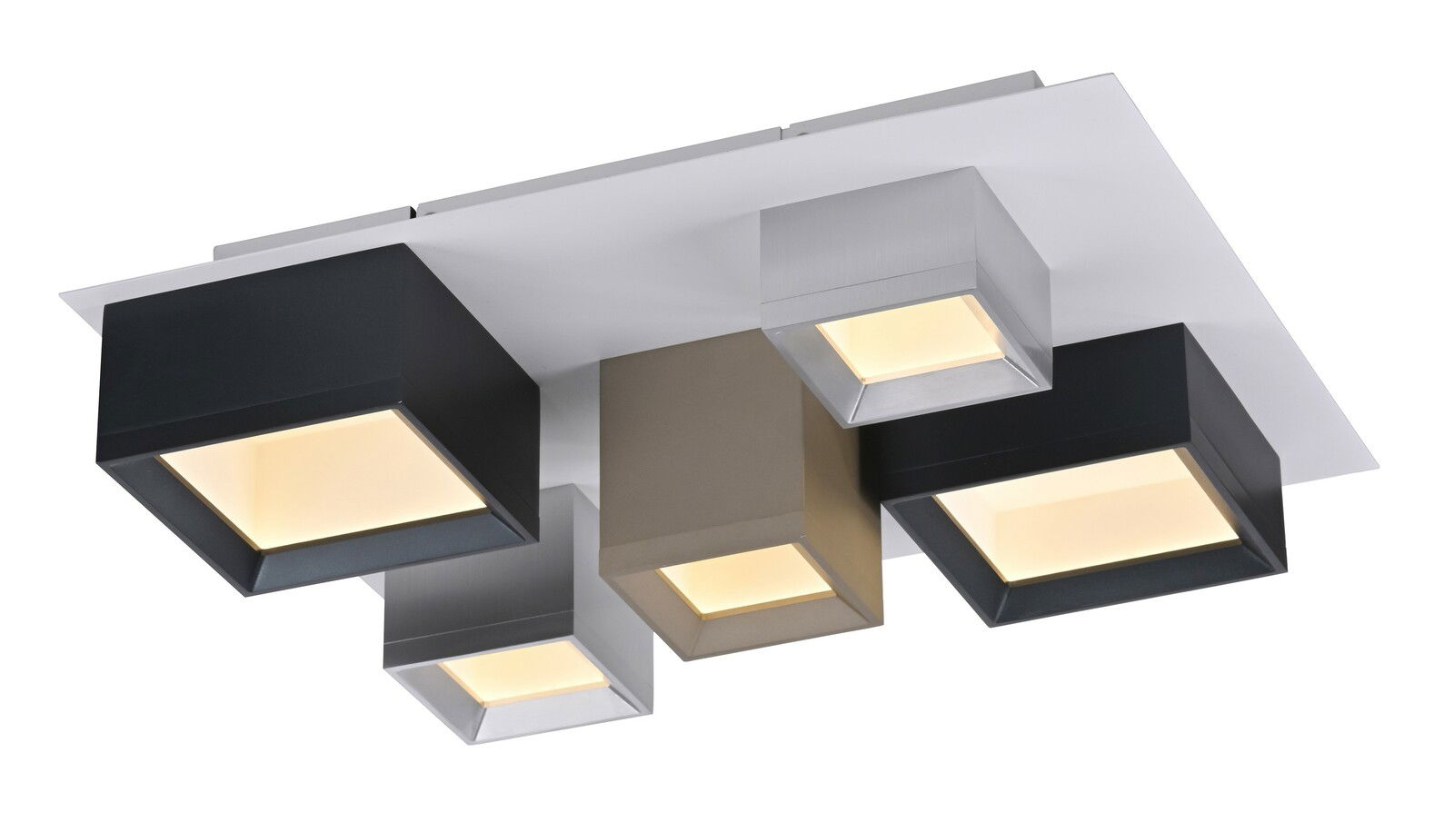 Moderne LED-Deckenleuchte mit fünf quadratischen Leuchtelementen in verschiedenen Farben, seitliche Perspektive