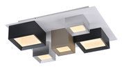 Moderne led-plafondlamp met vijf vierkante lichtelementen in verschillende kleuren, zijaanzicht