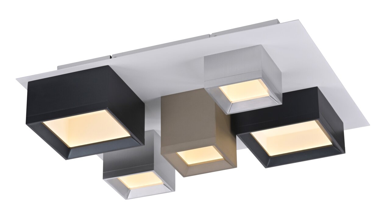 Moderne led-plafondlamp met vijf vierkante lichtelementen in verschillende kleuren, zijaanzicht