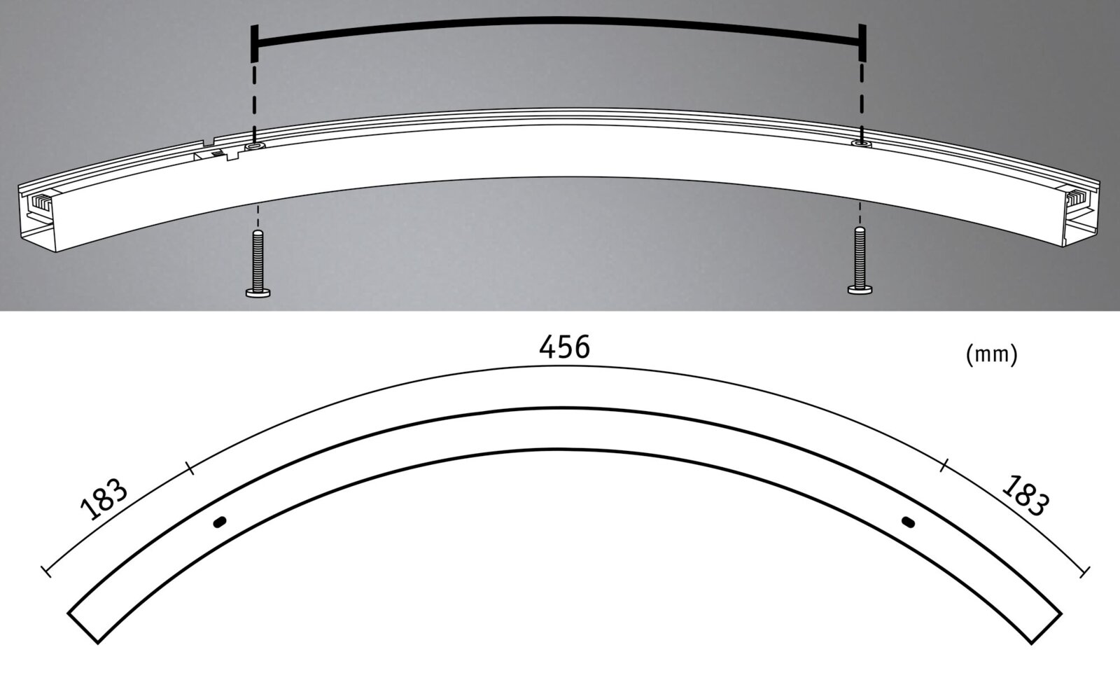 Technische Zeichnung einer gebogenen Schiene/Profilschiene mit Schraubbefestigung und Maßangaben (456 mm, 183 mm), Seitenansicht und Draufsicht.