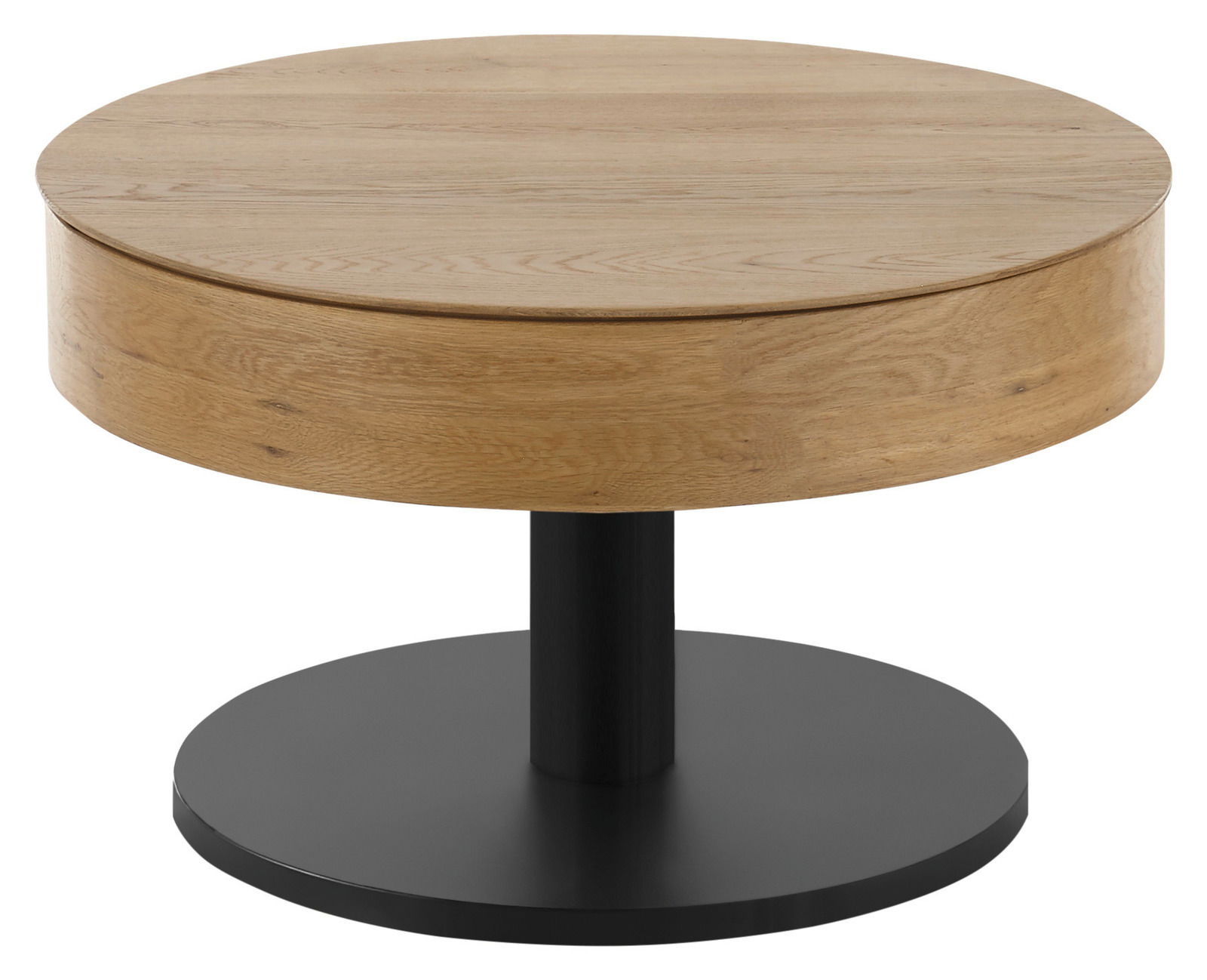 Runder Couchtisch aus Holz mit schwarzem Sockel, seitliche Perspektive