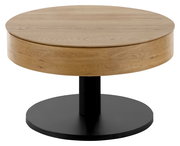 Runder Couchtisch aus Holz mit schwarzem Sockel, seitliche Perspektive