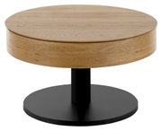 Ronde houten salontafel met zwarte voet, zijaanzicht