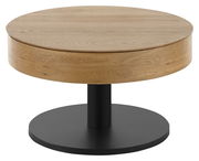 Runder Couchtisch aus Holz mit schwarzem Sockel, seitliche Perspektive