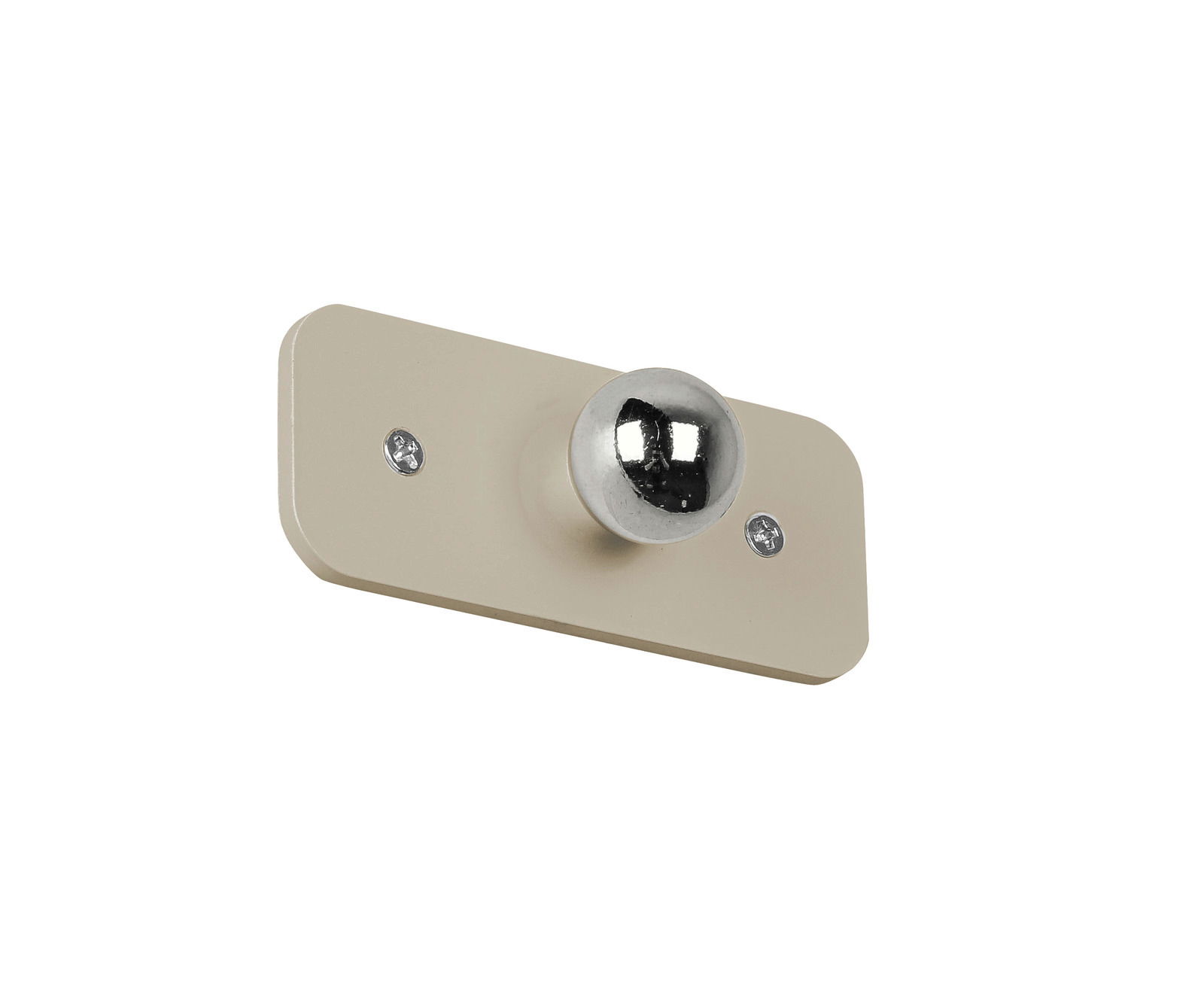 Frontale Ansicht einer Akku-Wandleuchte mit rechteckiger Basis und glänzendem Kugelkopf.