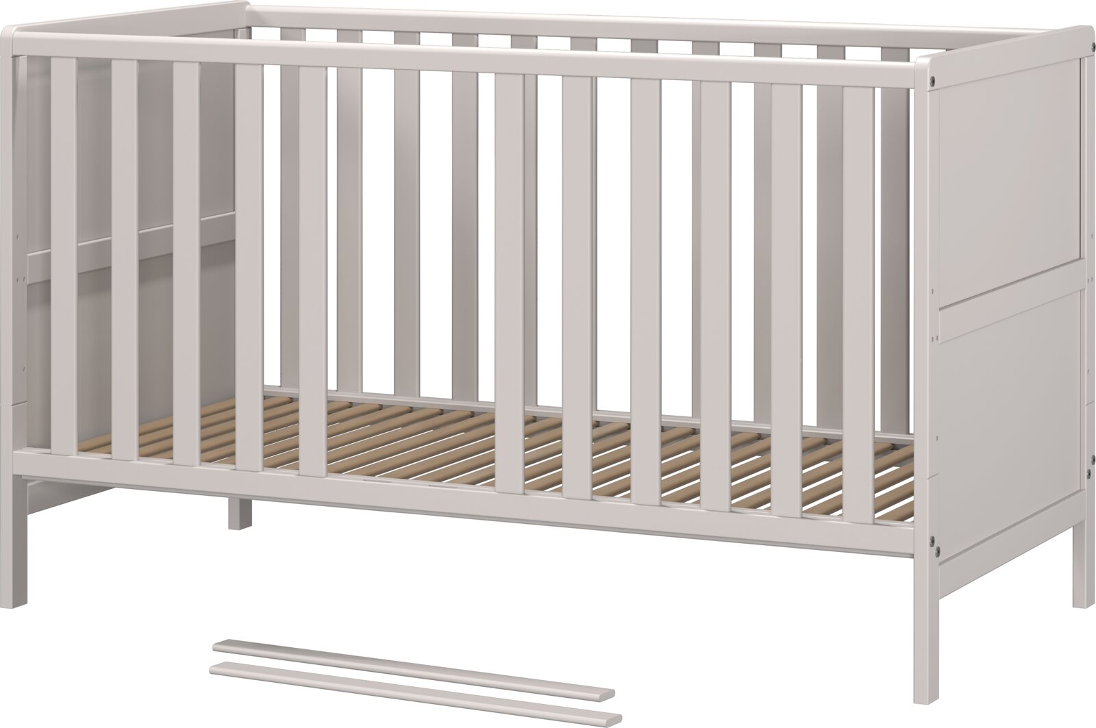 Wit houten babybedje met spijlen, zijaanzicht