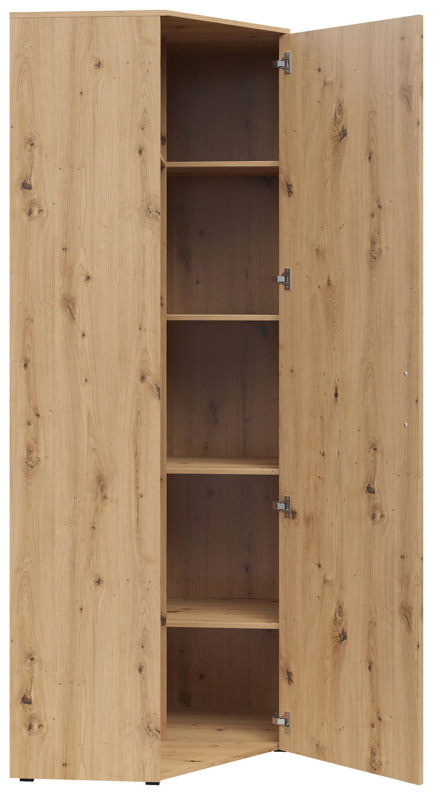Eckschrank aus Holz mit geöffneter Tür, zeigt mehrere Regalböden, Perspektive von vorne