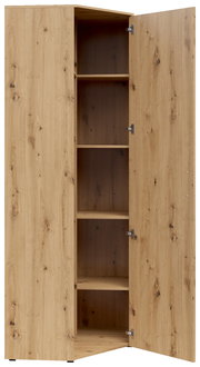 Eckschrank aus Holz mit geöffneter Tür, zeigt mehrere Regalböden, Perspektive von vorne