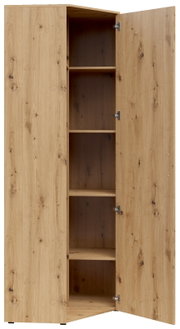 Eckschrank aus Holz mit geöffneter Tür, zeigt mehrere Regalböden, Perspektive von vorne