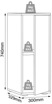 Technische Strichzeichnung eines schmalen Schranks/Regals in Frontansicht mit geöffneter Tür; Maße 740 mm hoch, 300 mm breit, 329 mm tief, Einlegeböden mit max. 6 kg Tragkraft je Boden.
