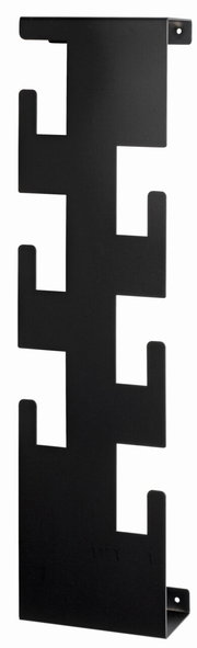 Schwarze Wandgarderobe aus Metall mit mehreren Haken, seitliche Perspektive