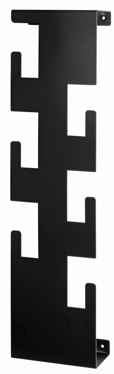 Schwarze Wandgarderobe aus Metall mit mehreren Haken, seitliche Perspektive