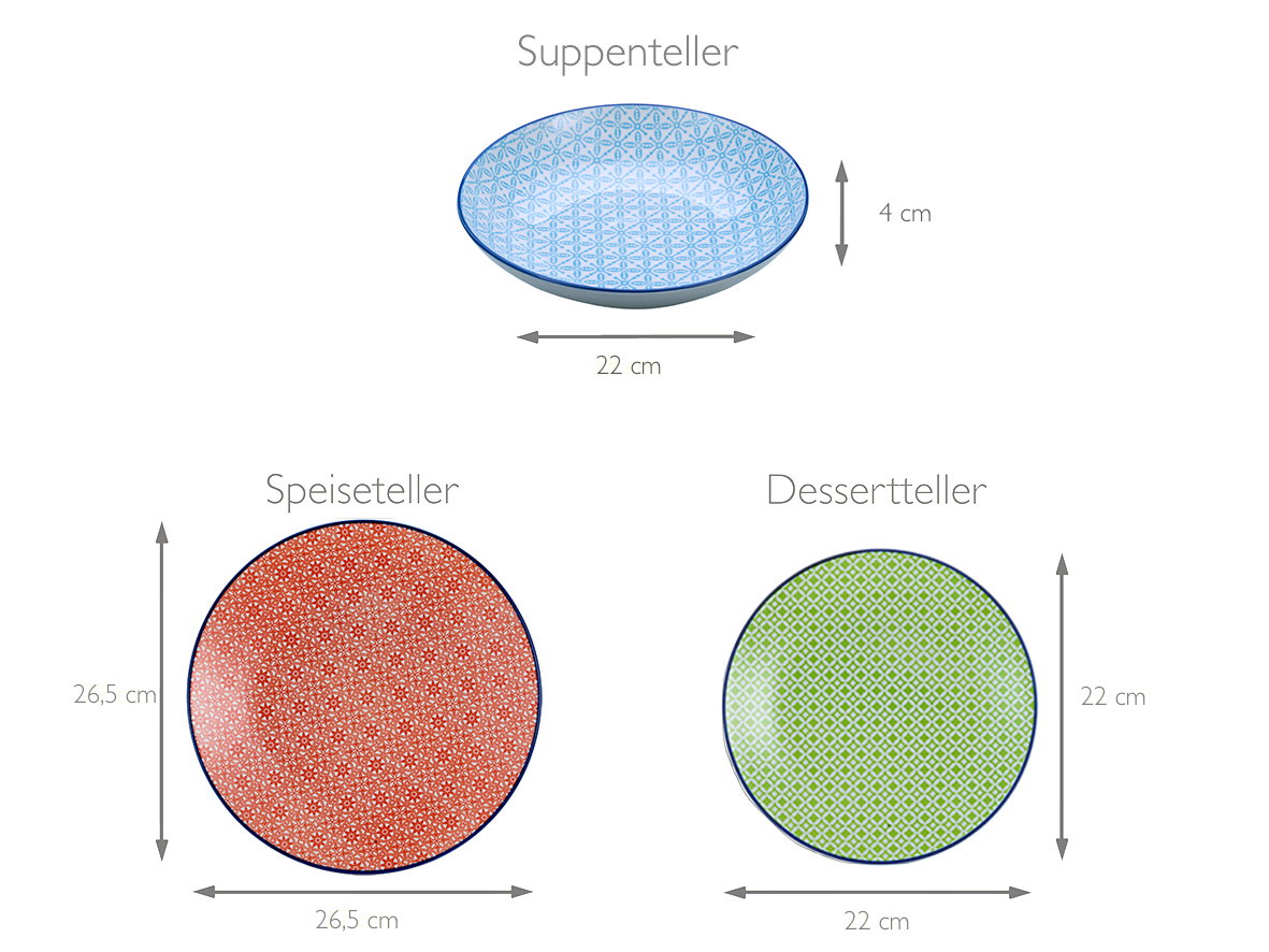 Tellerset 12-tlg mit Suppenteller, Speiseteller und Dessertteller in verschiedenen Farben und Mustern, Draufsicht und Seitenansicht