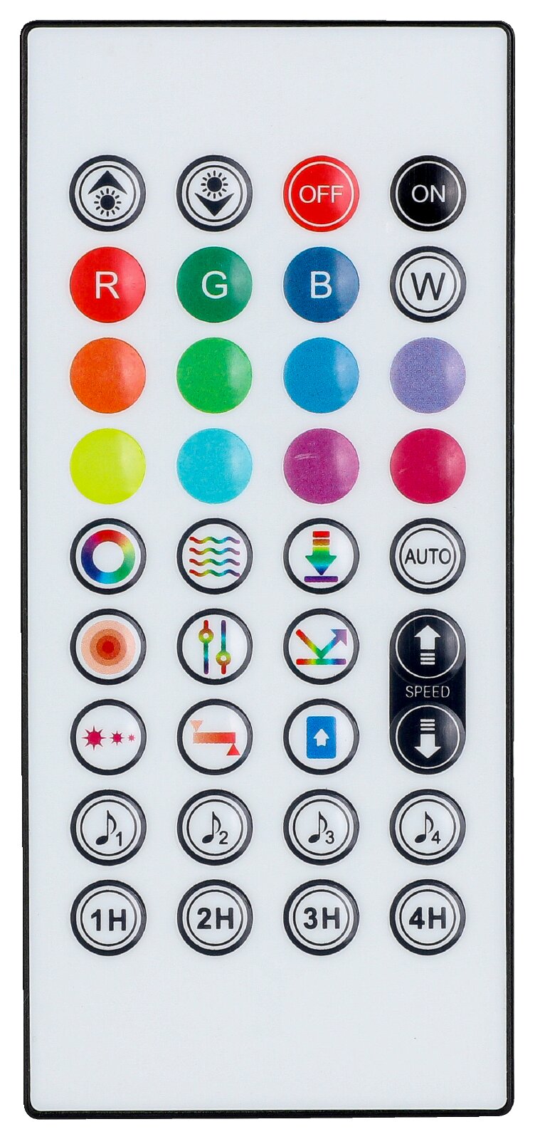 Weiße Multifunktions-Fernbedienung für RGB-LED-Beleuchtung mit Farbwahl, Effekten, Musikmodi, Geschwindigkeitssteuerung und Timer-Tasten, frontal von oben dargestellt