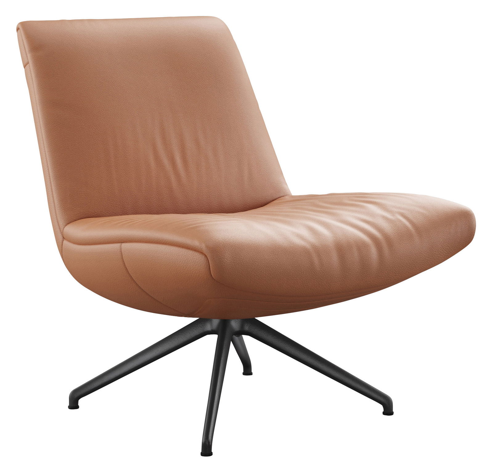 Moderner Sessel PRINCE in braunem Leder mit schwarzem Metallfuß, seitliche Perspektive