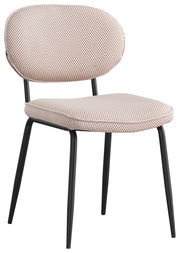 Moderner Stuhl mit gepolsterter Sitzfläche und Rückenlehne in hellem Stoff, schwarze Metallbeine, seitliche Perspektive