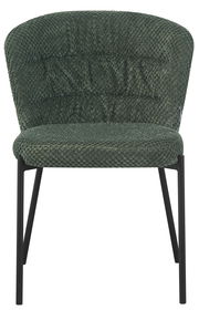 Moderner Stuhl mit grünem Stoffbezug und schwarzen Metallbeinen, Frontalansicht