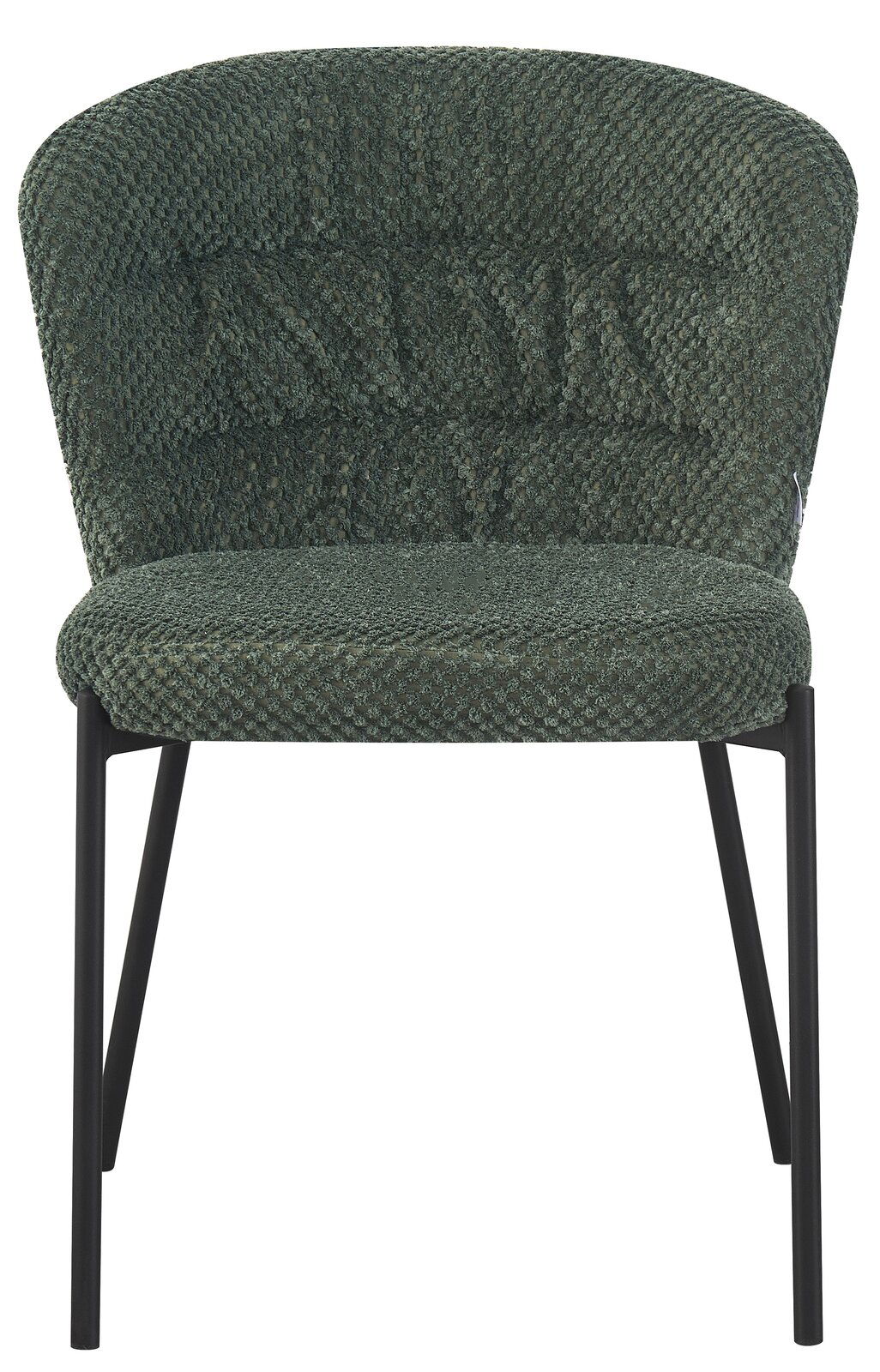 Moderner Stuhl mit grünem Stoffbezug und schwarzen Metallbeinen, Frontalansicht