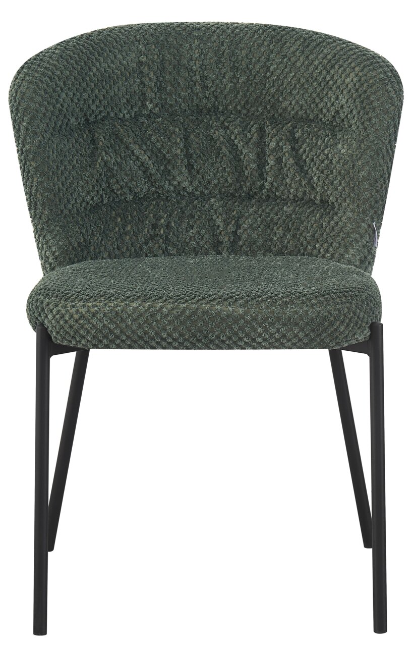 Moderner Stuhl mit grünem Stoffbezug und schwarzen Metallbeinen, Frontalansicht