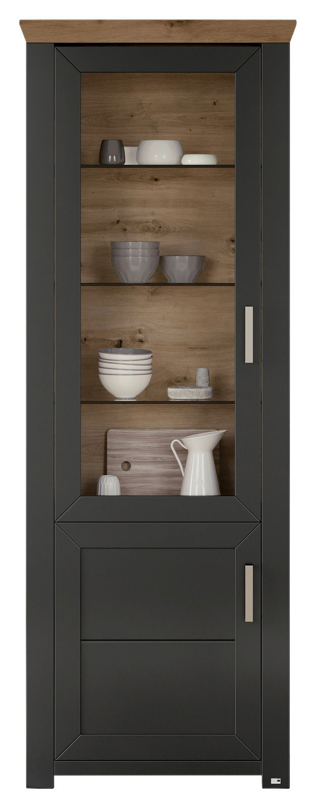 Vitrine in dunklem Holz mit Glastür, gefüllt mit Geschirr, aus frontaler Perspektive