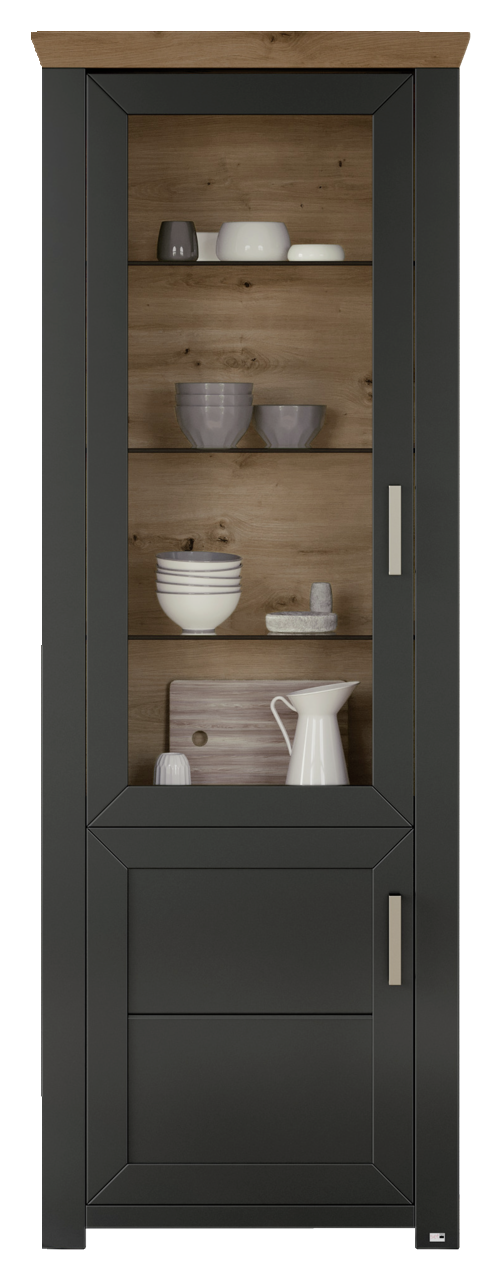 Vitrine in dunklem Holz mit Glastür, gefüllt mit Geschirr, aus frontaler Perspektive