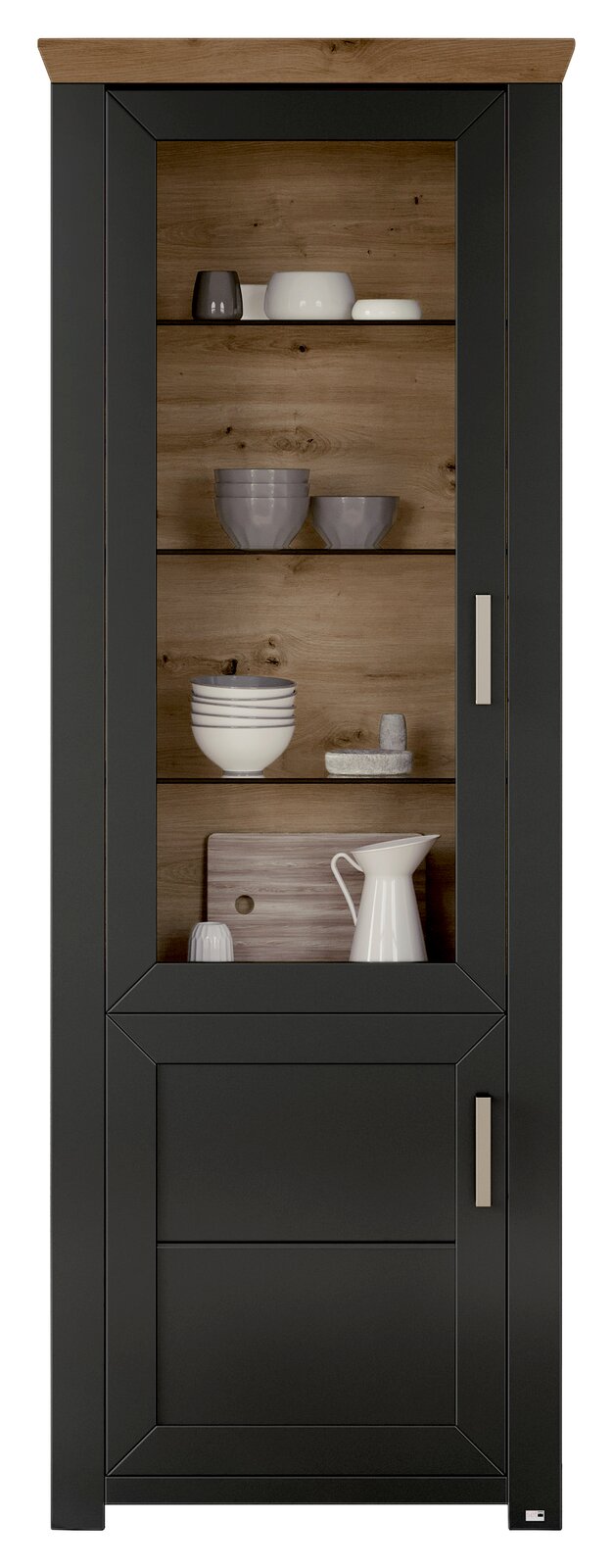 Vitrine in dunklem Holz mit Glastür, gefüllt mit Geschirr, aus frontaler Perspektive