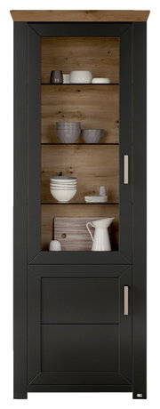 Vitrine in dunklem Holz mit Glastür, gefüllt mit Geschirr, aus frontaler Perspektive