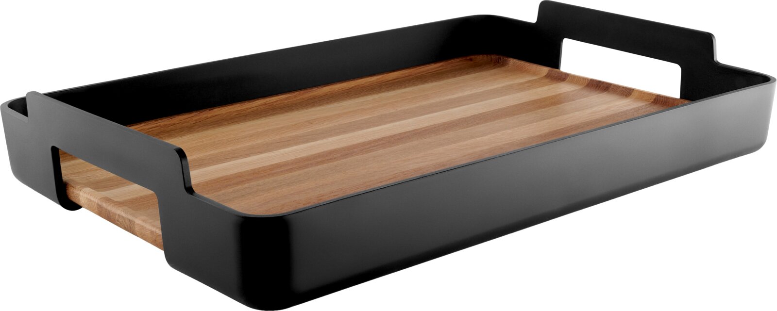 Eva Solo Dienblad NORDIC KITCHEN Rechthoekige serveerschaal met houten bodem en matzwarte metalen rand met handgrepen, schuin van voren bovenaanzicht op witte achtergrond