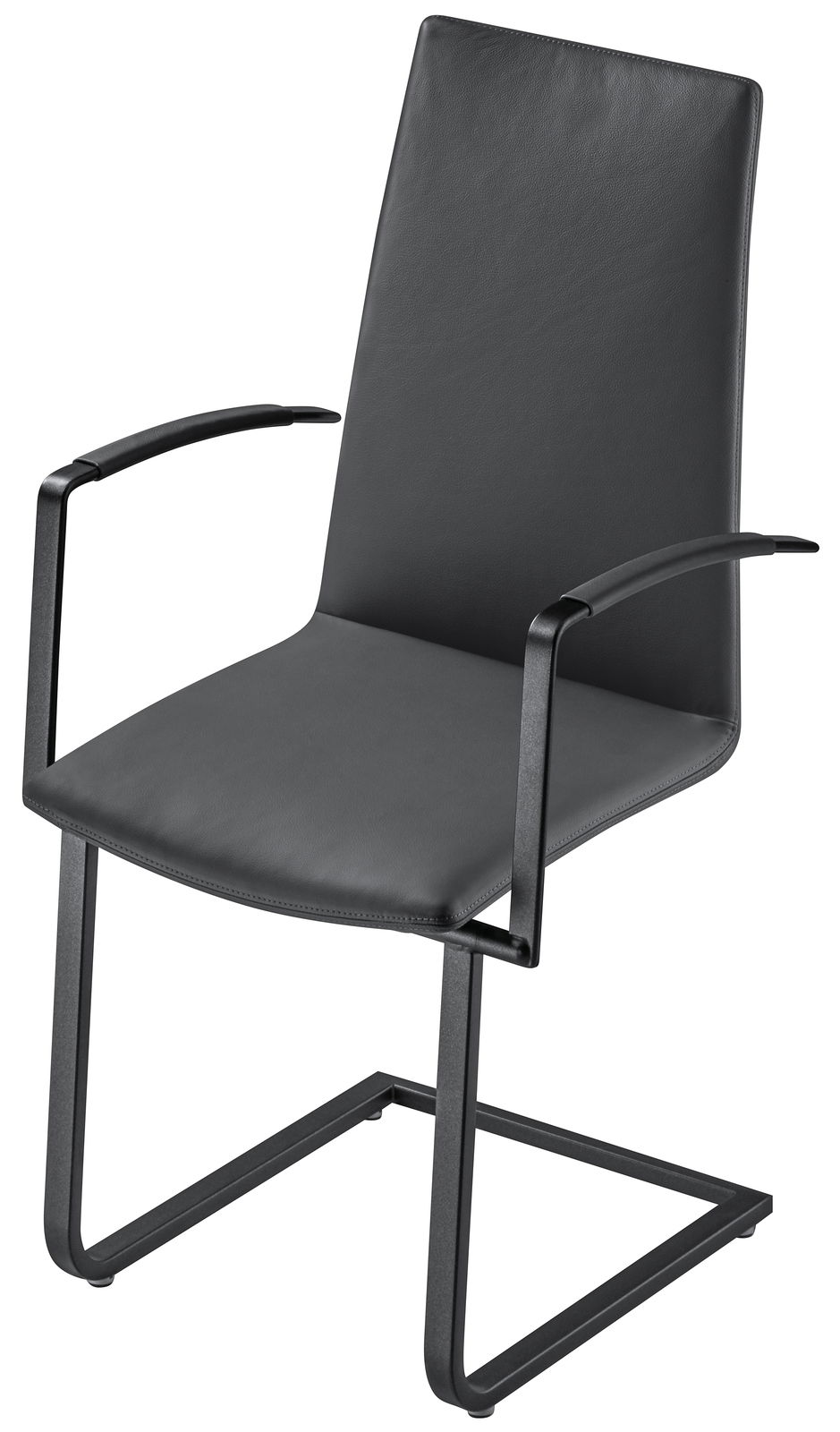 Moderner schwarzer Sessel mit Metallgestell und Armlehnen, seitliche Perspektive