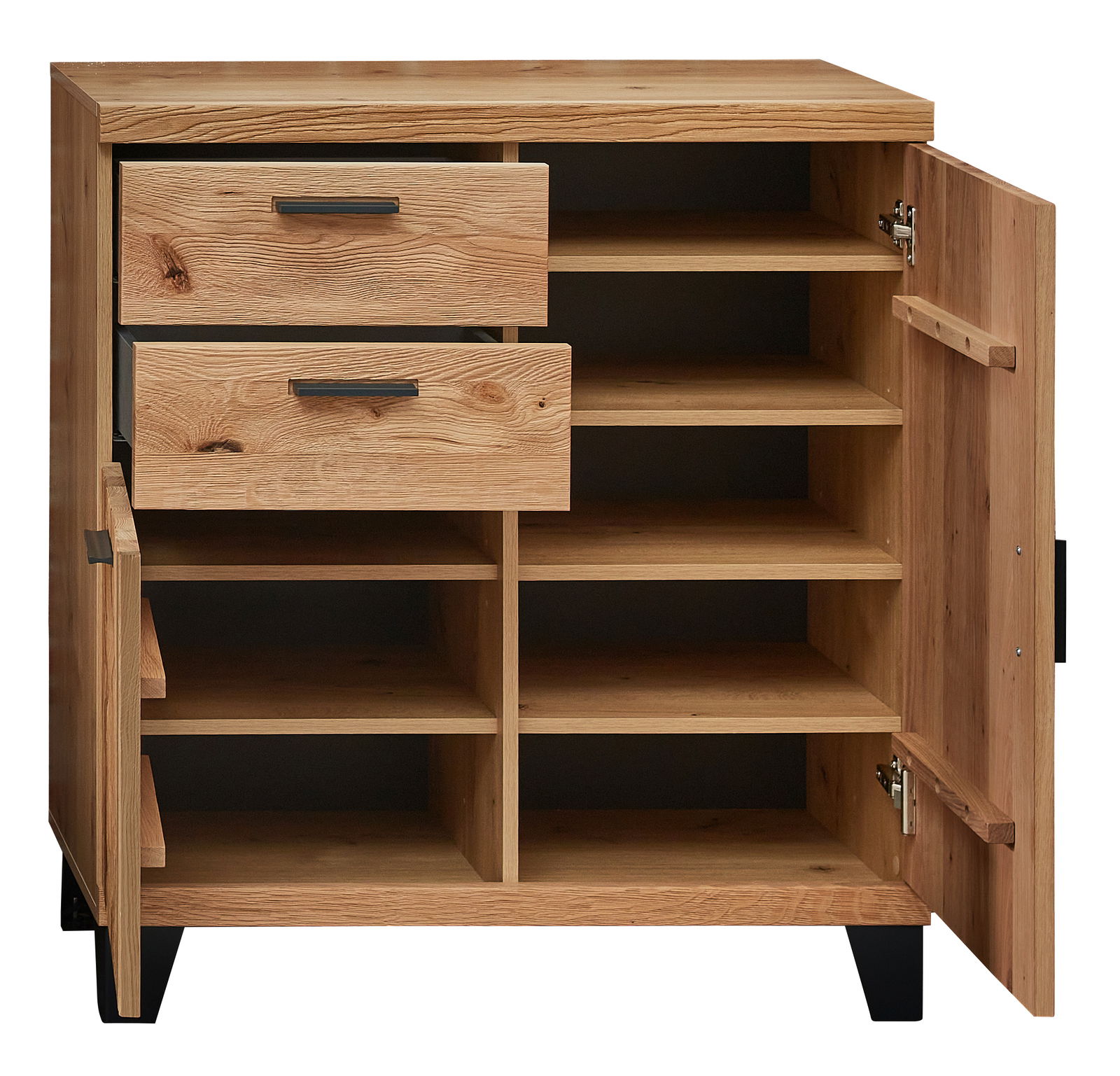 Schuhschrank aus Holz mit offenen Türen und Schubladen, frontale Ansicht