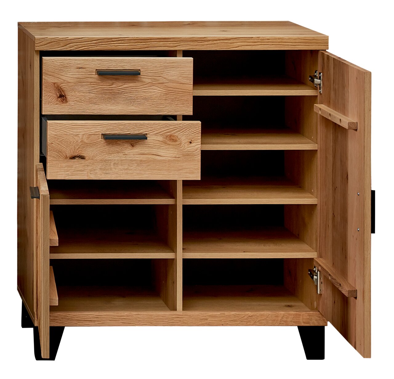 Schuhschrank aus Holz mit offenen Türen und Schubladen, frontale Ansicht