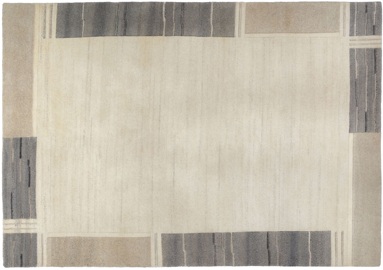 Wollteppich in rechteckiger Form mit einem minimalistischen Design in neutralen Tönen, aus der Vogelperspektive betrachtet.