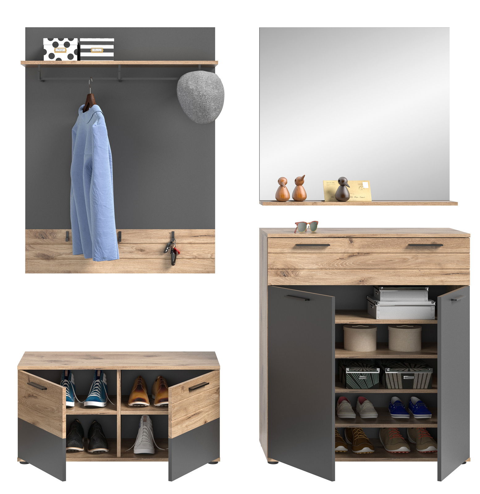 Garderobenkombination in moderner Holz- und Grautönung, bestehend aus einem Wandpaneel mit Kleiderstange und Haken, einem Spiegel mit Ablage, einem Schuhschrank und einer Sitzbank mit Stauraum. Frontalansicht.