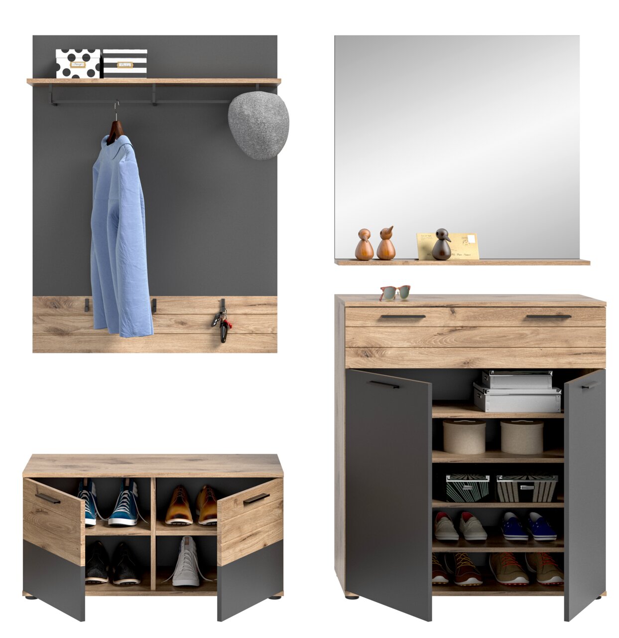 Garderobenkombination in moderner Holz- und Grautönung, bestehend aus einem Wandpaneel mit Kleiderstange und Haken, einem Spiegel mit Ablage, einem Schuhschrank und einer Sitzbank mit Stauraum. Frontalansicht.