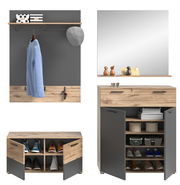 Garderobenkombination in moderner Holz- und Grautönung, bestehend aus einem Wandpaneel mit Kleiderstange und Haken, einem Spiegel mit Ablage, einem Schuhschrank und einer Sitzbank mit Stauraum. Frontalansicht.