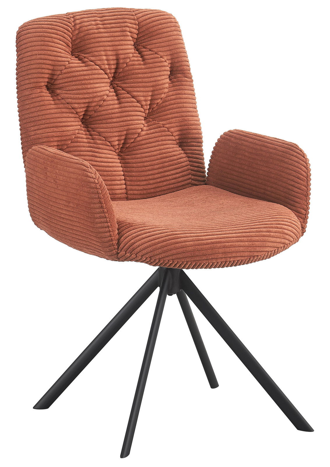 Brauner Armlehnstuhl GLORIA mit geripptem Stoffbezug und schwarzem Metallgestell, seitliche Perspektive