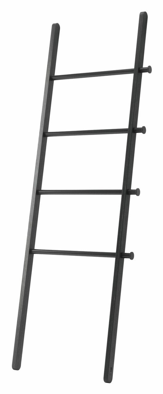Schwarze Leiter mit vier Sprossen, schräg von der Seite fotografiert.