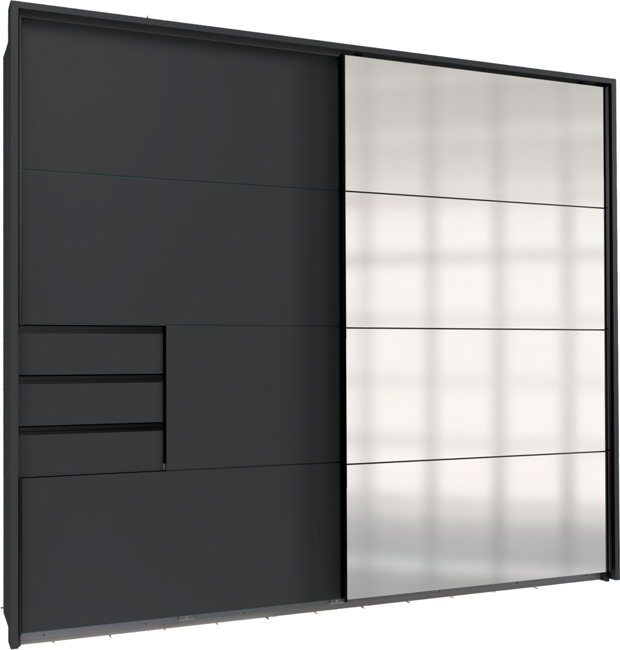 Z2 Schwebetürenschrank Passp.2trg SAIGON Moderner Schwebetürenschrank mit einer Kombination aus dunklen und hellen Paneelen, seitliche Perspektive.