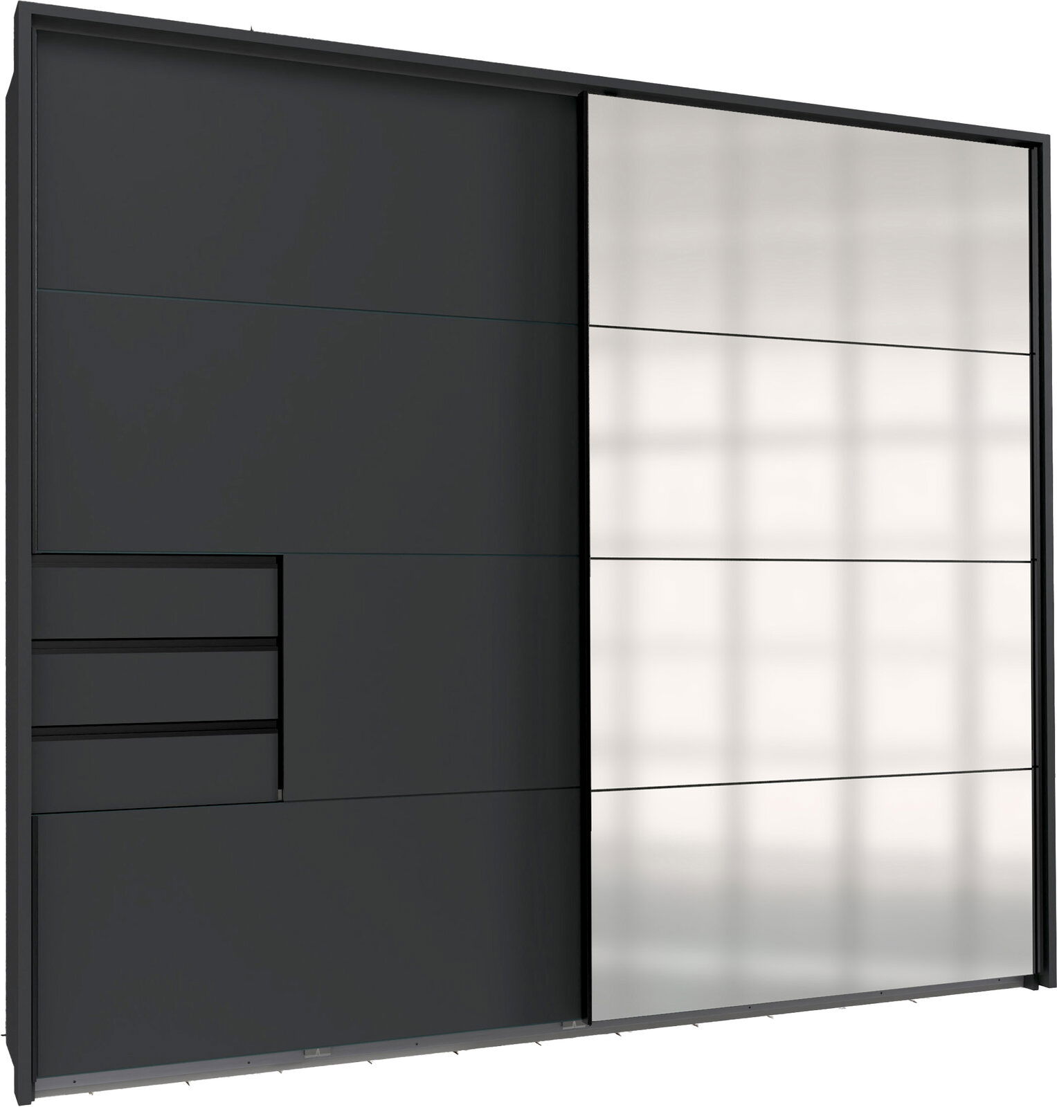 Z2 Schwebetürenschrank Passp.2trg SAIGON Moderner Schwebetürenschrank mit einer Kombination aus dunklen und hellen Paneelen, seitliche Perspektive.