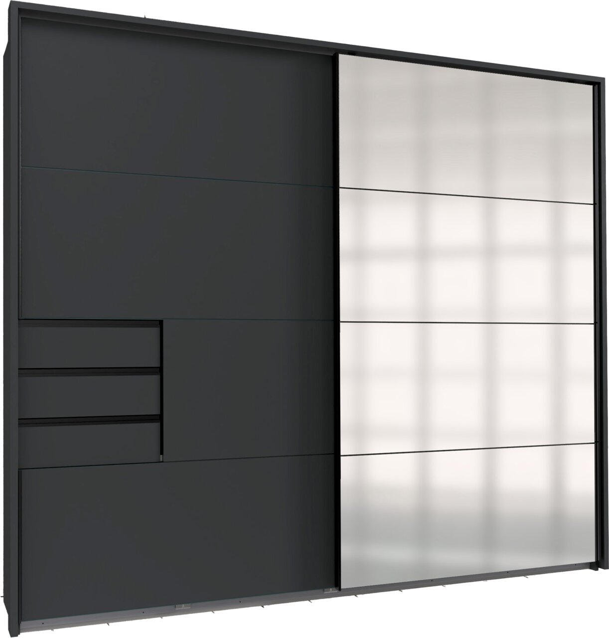 Z2 Schwebetürenschrank Passp.2trg SAIGON Moderner Schwebetürenschrank mit einer Kombination aus dunklen und hellen Paneelen, seitliche Perspektive.