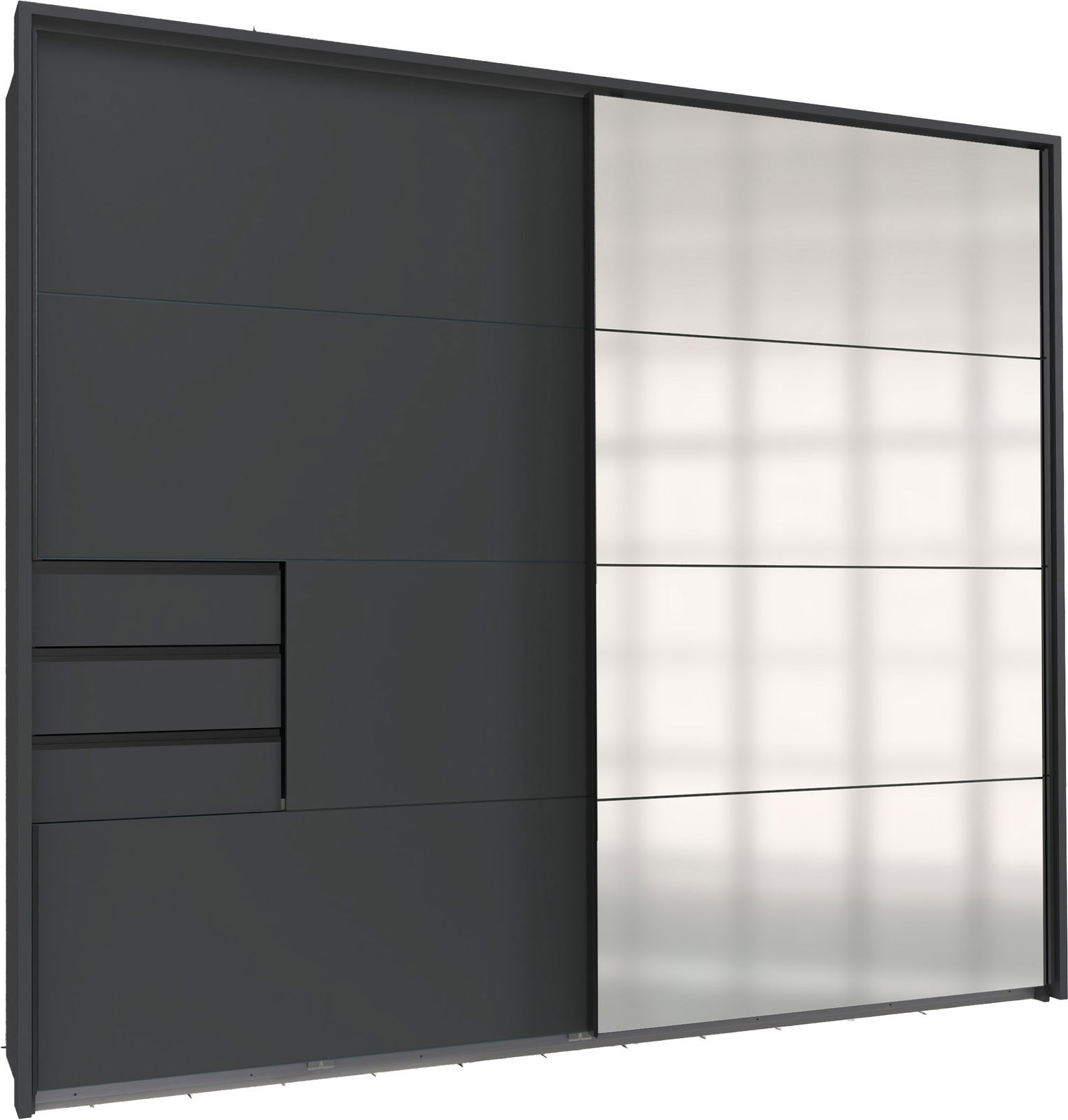 Moderner Schwebetürenschrank mit einer Kombination aus dunklen und hellen Paneelen, seitliche Perspektive.